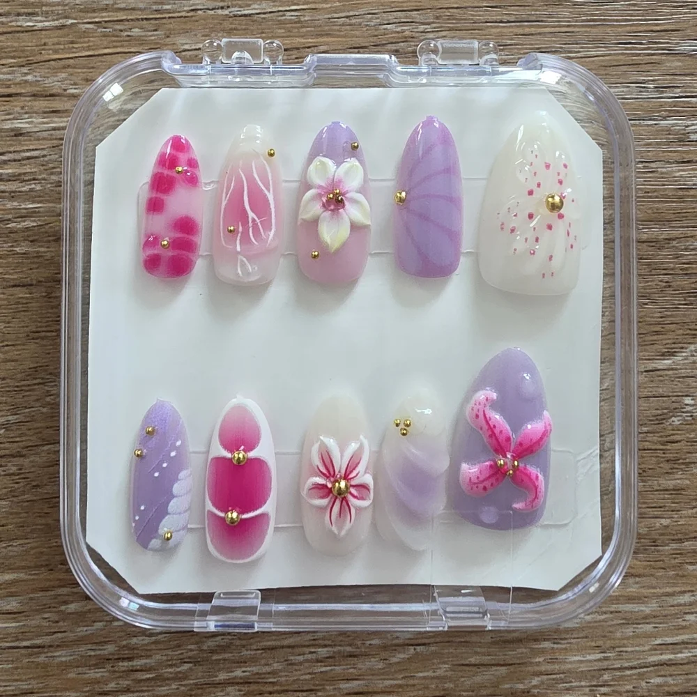3D Floral & Hibiscus Press-On Nails | Purple & Pink | Size Medium